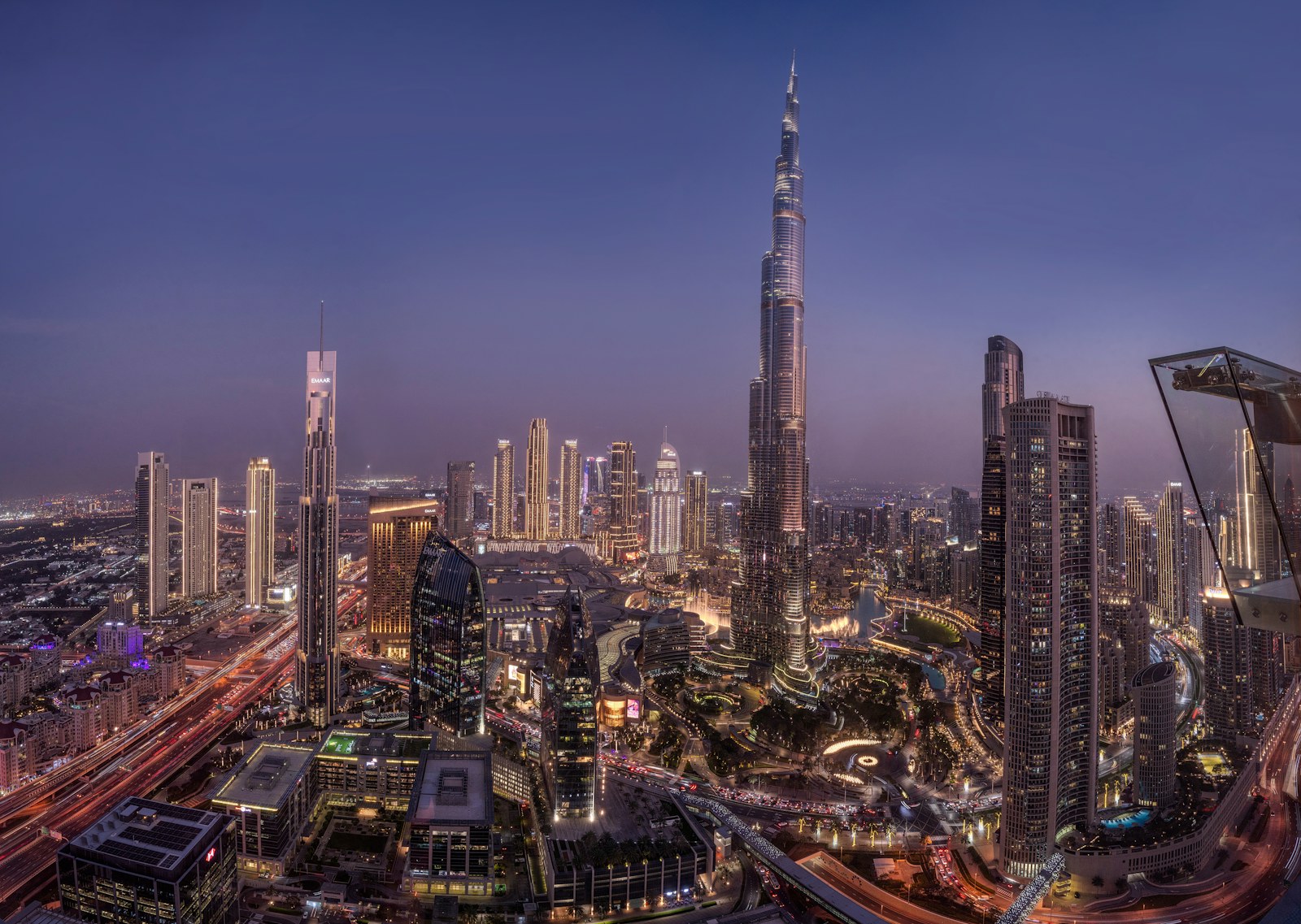 Downtown Dubai skyline and Burj Khalifa at twilight
